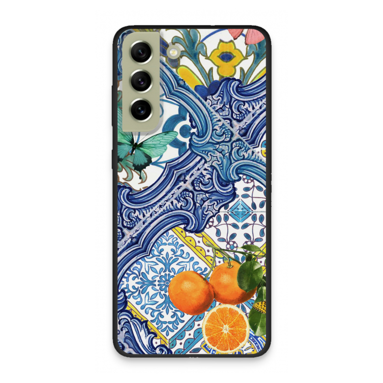 Blue tiles and oranges