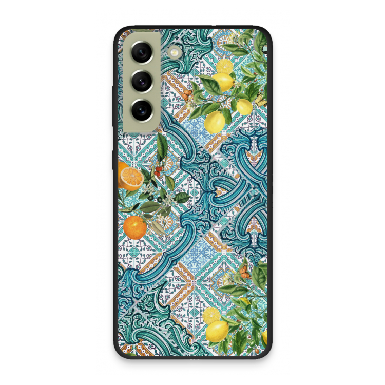 Blue tiles, lemons and oranges